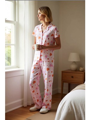 Benerly Kadın Gömlek Yaka Kısa Kol Eğlence Desenli Pijama Takımı Regular Kalıp Kaliteli %100 Pamuk