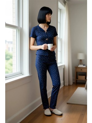 Benerly Kadın V Yaka Kısa Kol Çiçekli Pointel Örme Pijama Takımı Fonksiyonel Dayanıklı Şık %100 Pamuk