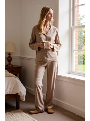 Benerly Kadın Gömlek Yaka Uzun Kol Regular Kalıp Dokuma Shally Ekose Kareli Pijama Takımı Kaliteli