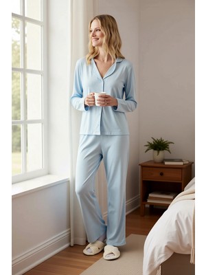 Benerly Kadın Gömlek Yaka Standart Kol Regular Kalıp Örme Pijama Takımı Fonksiyonel Dayanıklı Spor