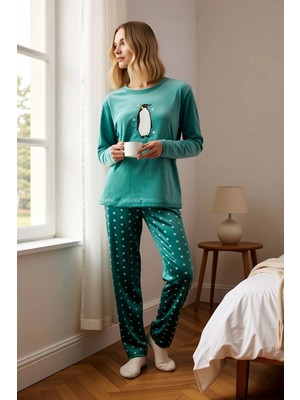 Benerly Kadın Bisiklet Yaka Standart Kol Kadife Örme Pijama Takımı Uzun Kollu Boru Paça Fonksiyonel