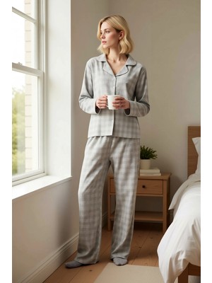 Benerly Kadın Ekose Kareli Gömlek Yaka Uzun Kol Regular Kalıp Dokuma Pijama Takımı Fonksiyonel Şık