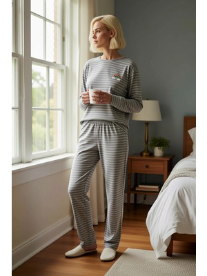 Benerly Kadın Bisiklet Yaka Uzun Kol Regular Kalıp Örme Çizgili Pijama Takımı Fonksiyonel Kaliteli