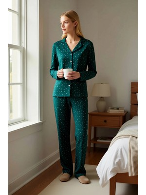 Benerly Kadın Gömlek Yaka Standart Kol Regular Kalıp Galaksi Desenli Pijama Takımı Spor %100 Pamuk