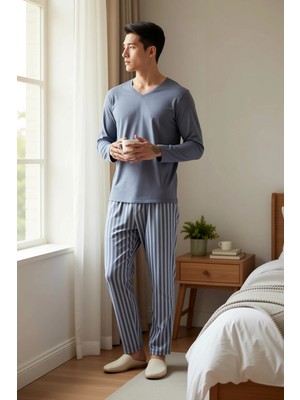 Benerly Erkek V Yaka Uzun Kol Regular Fit Çizgili Pijama Takımı Fonksiyonel Dayanıklı Şık %100 Pamuk
