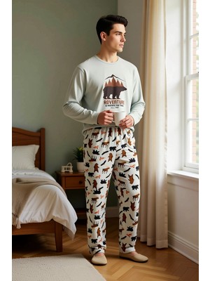Benerly Erkek Bisiklet Yaka Uzun Kol Regular Kalıp Animal Desenli Örme Pijama Takımı