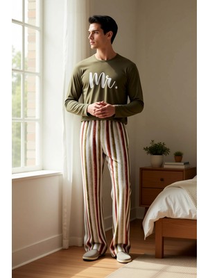 Benerly Erkek Regular Çizgili V Yaka Uzun Kol Örme Pijama Takımı Fonksiyonel Şık
