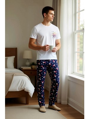 Benerly Erkek Bisiklet Yaka Standart Kol Regular Fit Popcorn Baskılı Pijama Takımı Estetik