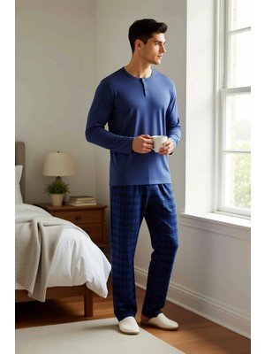 Benerly Erkek Düğmeli Yaka Uzun Kol Ekose Pantolonlu Örme Pijama Takımı Rahat