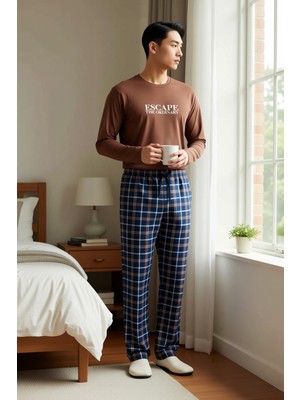 Benerly Erkek Bisiklet Yaka Standart Kol Uzun Kollu Sweatshirt Boru Paça Pantolon Ekose Desenli Örme Pijama