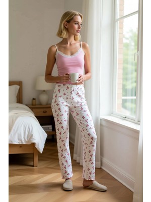 Benerly Kadın V Yaka Ince Askılı Kolsuz Dantel Detaylı Çiçekli Regular Kalıp Kaşkorse Örme Pijama Takımı