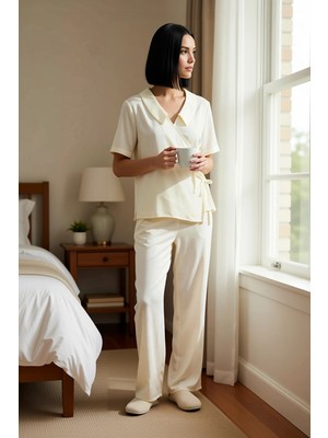 Benerly Kadın Shally Dokuma Regular Kalıp Kruvaze Yaka Kısa Kol Pijama Takımı Kaliteli