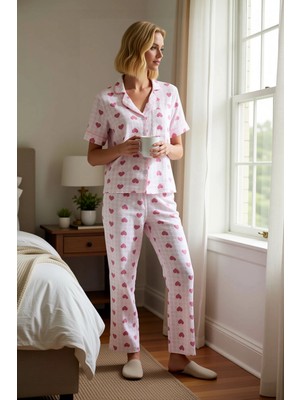Benerly Kadın Müslin Dokuma Gömlek Yaka Kısa Kol Kalp Desenli Pijama Takımı Fonksiyonel %100 Pamuk