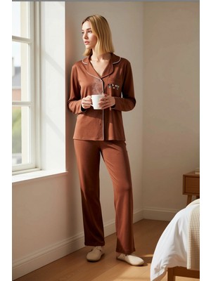 Benerly Kadın Gömlek Yaka Standart Kol Regular Kalıp Pijama Takımı Fonksiyonel Kaliteli %100 Pamuk