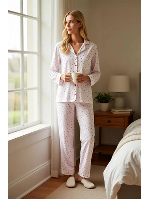 Benerly Kadın Büyük Beden Gömlek Yaka Uzun Kollu Müslin Pijama Takımı Fonksiyonel Rahat %100 Pamuk