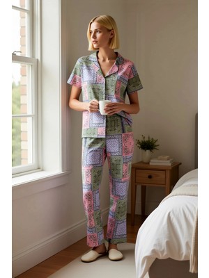 Benerly Kadın Büyük Beden Etnik Desenli Gömlek Yaka Kısa Kollu Pijama Takımı Fonksiyonel %100 Pamuk