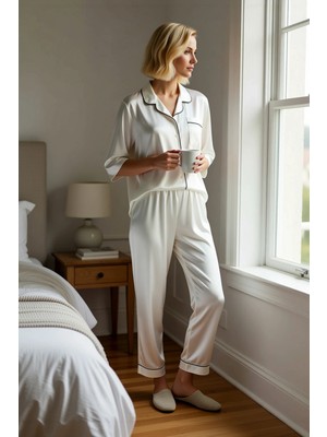 Benerly Kadın Gömlek Yaka Truvakar Kol Regular Kalıp Dokuma Pijama Takımı Fonksiyonel Şık