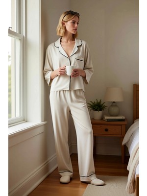 Benerly Kadın Gömlek Yaka Truvakar Kol Regular Kalıp Dokuma Pijama Takımı Fonksiyonel Şık