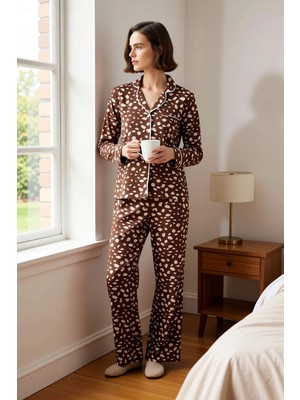Benerly Kadın Gömlek Yaka Uzun Kol Fitted Kalıp Leopar Desenli Pijama Takımı Kaliteli