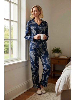 Benerly Kadın Gömlek Yaka Standart Kol Regular Kalıp Dokuma Pijama Takımı Büyük Beden Fonksiyonel Şık