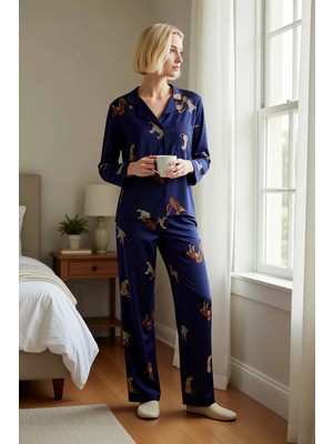 Benerly Kadın Gömlek Yaka Uzun Kol Animal Desenli Regular Kalıp Pijama Takımı Kaliteli