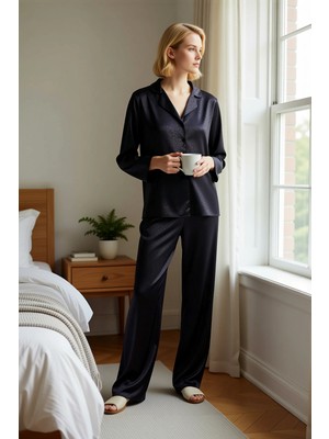 Benerly Kadın Gömlek Yaka Standart Kol Regular Kalıp Dokuma Saten Pijama Takımı Fonksiyonel Modern