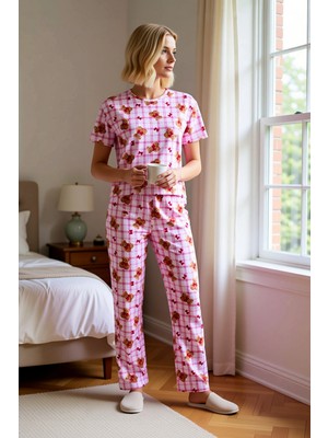 Benerly Kadın Bisiklet Yaka Standart Kol Regular Kalıp Ekose Ayıcık Desenli Örme Pijama Takımı %100 Pamuk