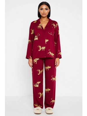 Benerly Kadın Gömlek Yaka Uzun Kol Animal Desenli Regular Kalıp Pijama Takımı Kaliteli