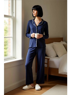 Benerly Kadın Gömlek Yaka Standart Kol Relaxed Kalıp Örme Pijama Takımı Rahat