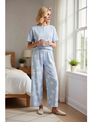 Benerly Kadın Bisiklet Yaka Kısa Kollu Regular Kalıp Çiçekli Pijama Takımı Fonksiyonel