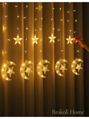 Brokoli Home Ay Yıldız Perde LED 8 Mod Ramazan LED Işık Gün Işığı Ramazan Süsleme LED Aydınlatma Ramazan Işık