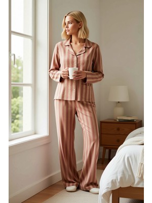 Benerly Kadın Ekose Kareli Gömlek Yaka Uzun Kol Regular Kalıp Dokuma Pijama Takımı Fonksiyonel Şık