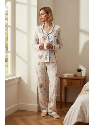 Benerly Kadın Gömlek Yaka Uzun Kollu Regular Kalıp Örme Pijama Takımı Fonksiyonel Şık