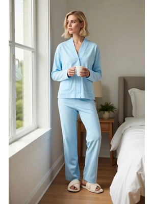 Benerly Kadın V Yaka Düşük Kol Uzun Kollu Relaxed Kalıp Örme Pijama Takımı Fonksiyonel Şık %100 Pamuk
