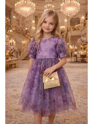 Diamondstar Kız Çocuk Çiçek Desenli Çantalı Bayramlık Prenses Düğün Parti Doğum Günü Elbisesi