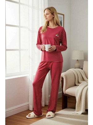 Benerly Kadın Bisiklet Yaka Uzun Kol Regular Kalıp Örme Çizgili Pijama Takımı Fonksiyonel Kaliteli