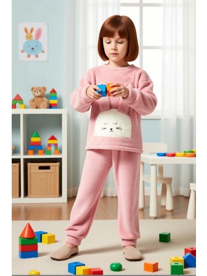 Benerly Kız Çocuk Bisiklet Yaka Standart Kol Uzun Kol Regular Kalıp Peluş Örme Pijama Takımı Dayanıklı