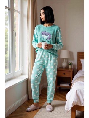 Benerly Kadın Bisiklet Yaka Standart Kol Uzun Kol Regular Kalıp Polar Pijama Takımı Fonksiyonel Şık