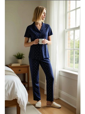 Benerly Kadın Gömlek Yaka Kısa Kol Puantiyeli Regular Kalıp Pijama Takımı Şık