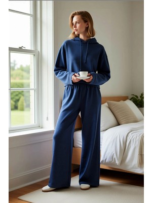 Benerly Kadın Kapüşonlu Düşük Kol Uzun Kollu Geniş Kalıp Örme Pijama Takımı