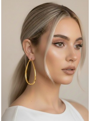 Eva Takı Store Damla Model Halka Gold Renk Çelik Küpe 6cm