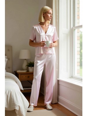 Benerly Kadın V Yaka Kısa Kol Saten Dokuma Regular Kalıp Pijama Takımı Fonksiyonel Dayanıklı Rahat