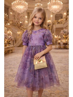 Diamondstar Kız Çocuk Çiçek Desenli Çantalı Bayramlık Prenses Düğün Parti Doğum Günü Elbisesi 5/8 Yaş