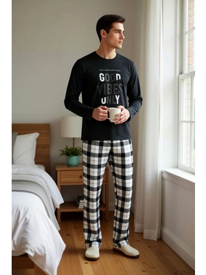 Benerly Erkek Bisiklet Yaka Standart Kol Ekose Baskılı Örme Pijama Takımı Fonksiyonel Şık %100 Pamuk