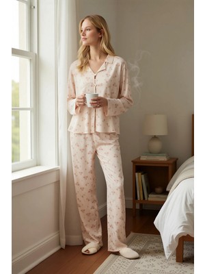 Benerly Kadın V Yaka Uzun Kol Regular Kalıp Dokuma Shally Pijama Takımı Fonksiyonel Dayanıklı Spor