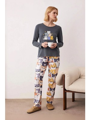 Benerly Kadın Bisiklet Yaka Standart Kol Regular Kalıp Pijama Takımı Kaliteli