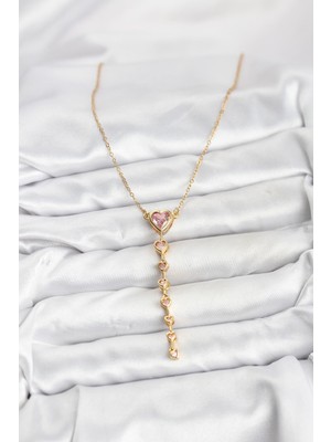 Bsre Pembe Kalp Zirkon Taşlı Gold Renk Kadın Kolye (316L Çelik)
