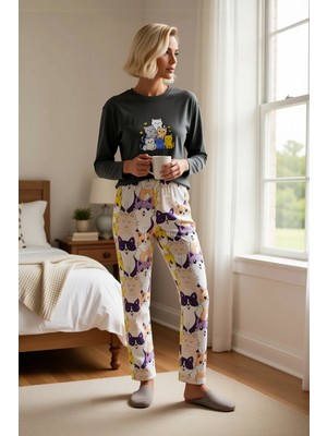 Benerly Kadın Bisiklet Yaka Uzun Kol Regular Kalıp Pijama Takımı Fonksiyonel Dayanıklı Şık %100 Pamuk