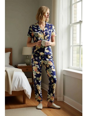 Benerly Kadın Gömlek Yaka Kısa Kollu Pijama Takımı Çiçekli Regular Kalıp Fonksiyonel Şık