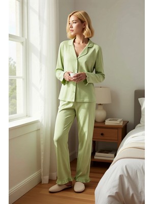 Benerly Kadın Gömlek Yaka Standart Kol Regular Kalıp Örme Pijama Takımı Fonksiyonel Şık